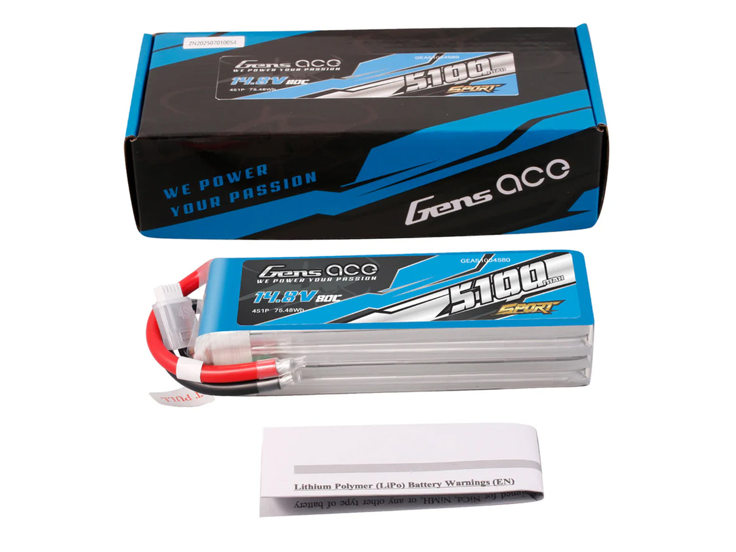 Gens Ace Li-Po Sport 4S 14.8V 5100mAh 80C with No Plug G4S5100-80