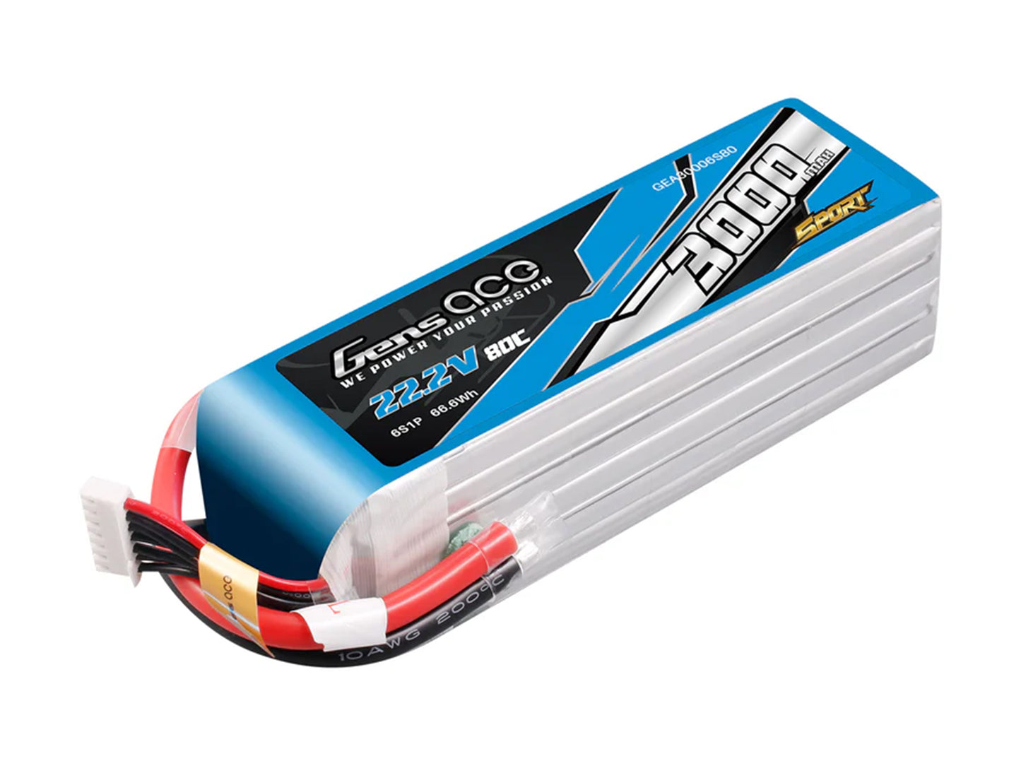 Gens Ace Li-Po Sport 6S 22.2V 3000mAh 80C with No Plug G6S3000-80