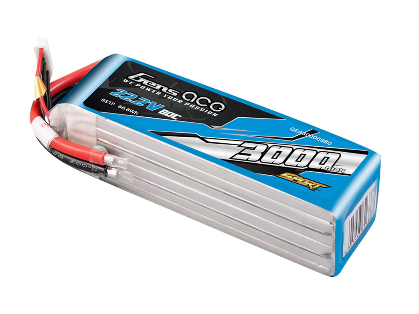 Gens Ace Li-Po Sport 6S 22.2V 3000mAh 80C with No Plug G6S3000-80