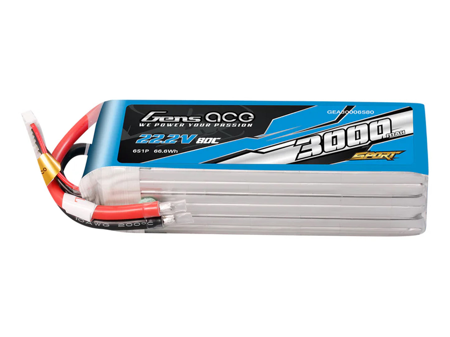 Gens Ace Li-Po Sport 6S 22.2V 3000mAh 80C with No Plug G6S3000-80