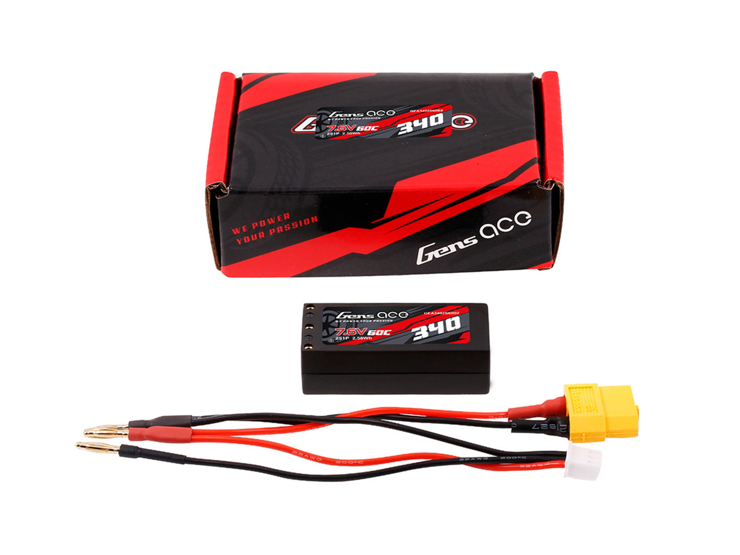 Gens Ace Li-Po HV Car Hard Case 2S 7.6V 340mAh 60C with 2MM GC2H0340-60G2