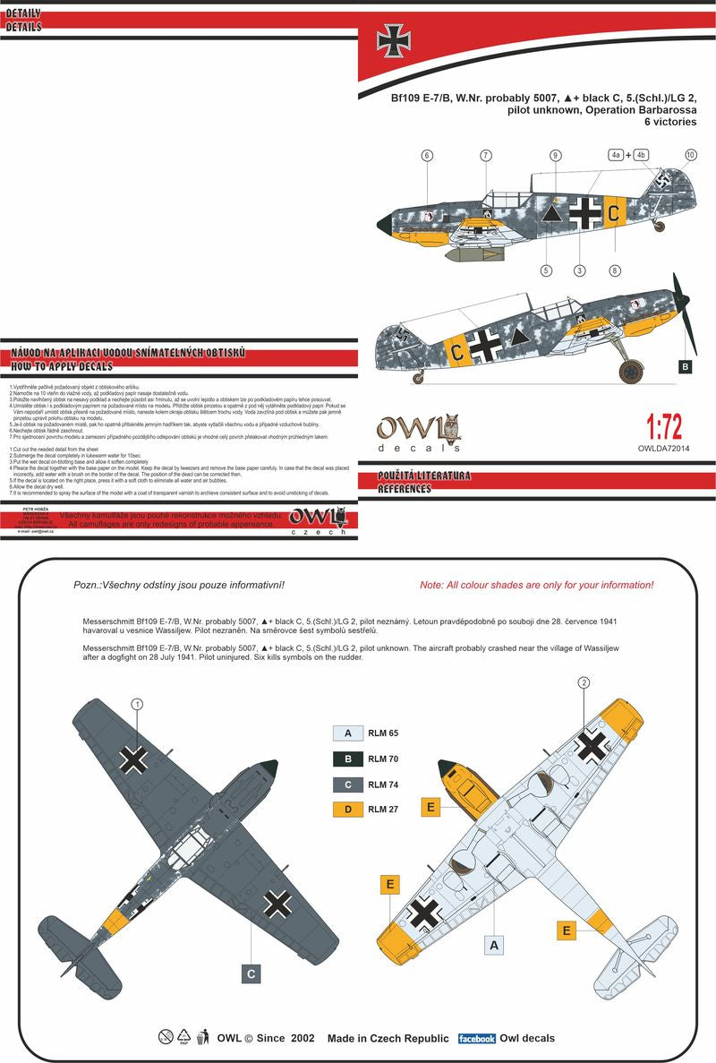 Owl OWLDA72014 1:72 Messerschmitt Bf-109E-7/Jabo  Black C, 5./LG 2