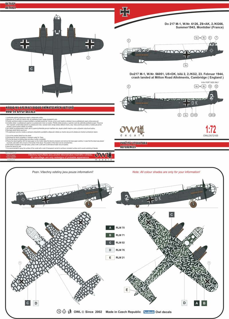 Owl OWLDS72105 1:72 Dornier Do-217M-1 Z6+AK 2./KG 66 or U5+DK 2./KG 2