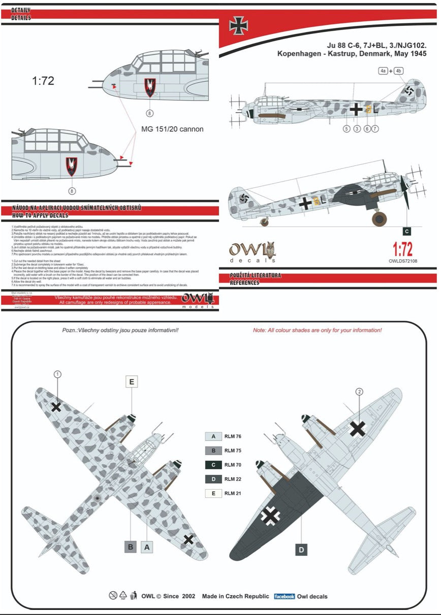 Owl OWLDS72108 1:72 Junkers Ju-88C-6 with MG 151 7J+BL NJG 102