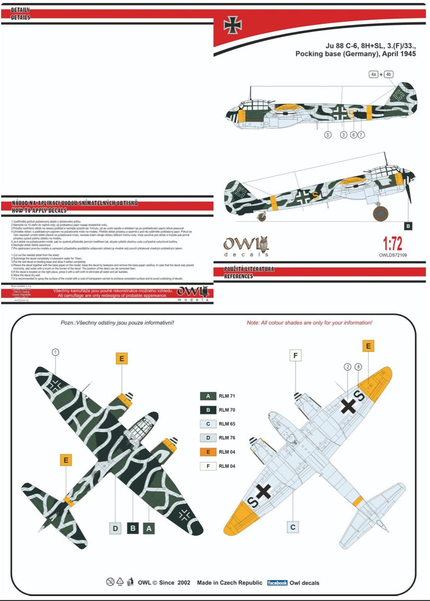 Owl OWLDS72109 1:72 Junkers Ju-88C-6 aufklarer 8H+SL 3.