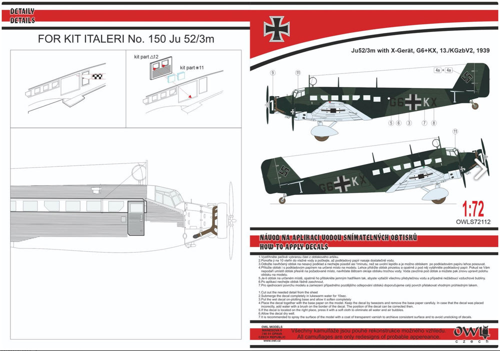 Owl OWLDS72112 1:72 Junkers Ju-52/3m with X gerat G6+KX