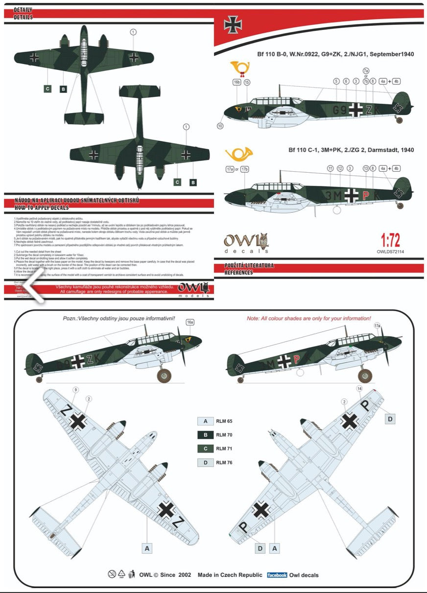 Owl OWLDS72114 1:72 Messerschmitt Bf-110B postal courier G9+ZK NJG 1 / ZG 2