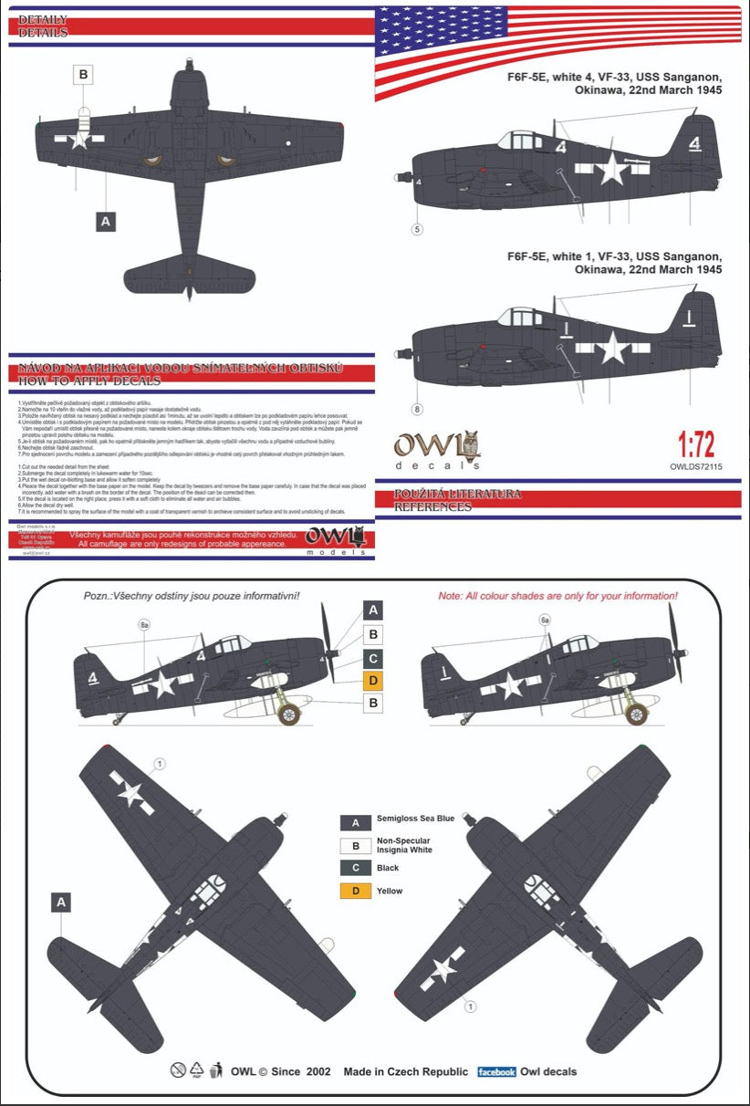 Owl OWLDS72115 1:72 Grumman F6F5-E Night Hellcat White 1 or white 4 VF-33