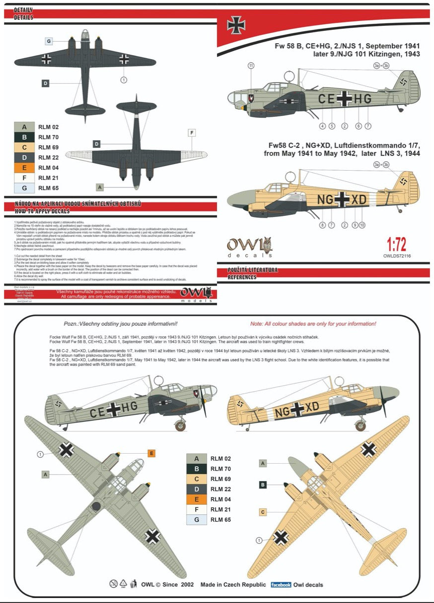 Owl OWLDS72116 1:72 Focke-Wulf Fw-58B Weihe Night trainer CE+HG or NG+XD NJG 1