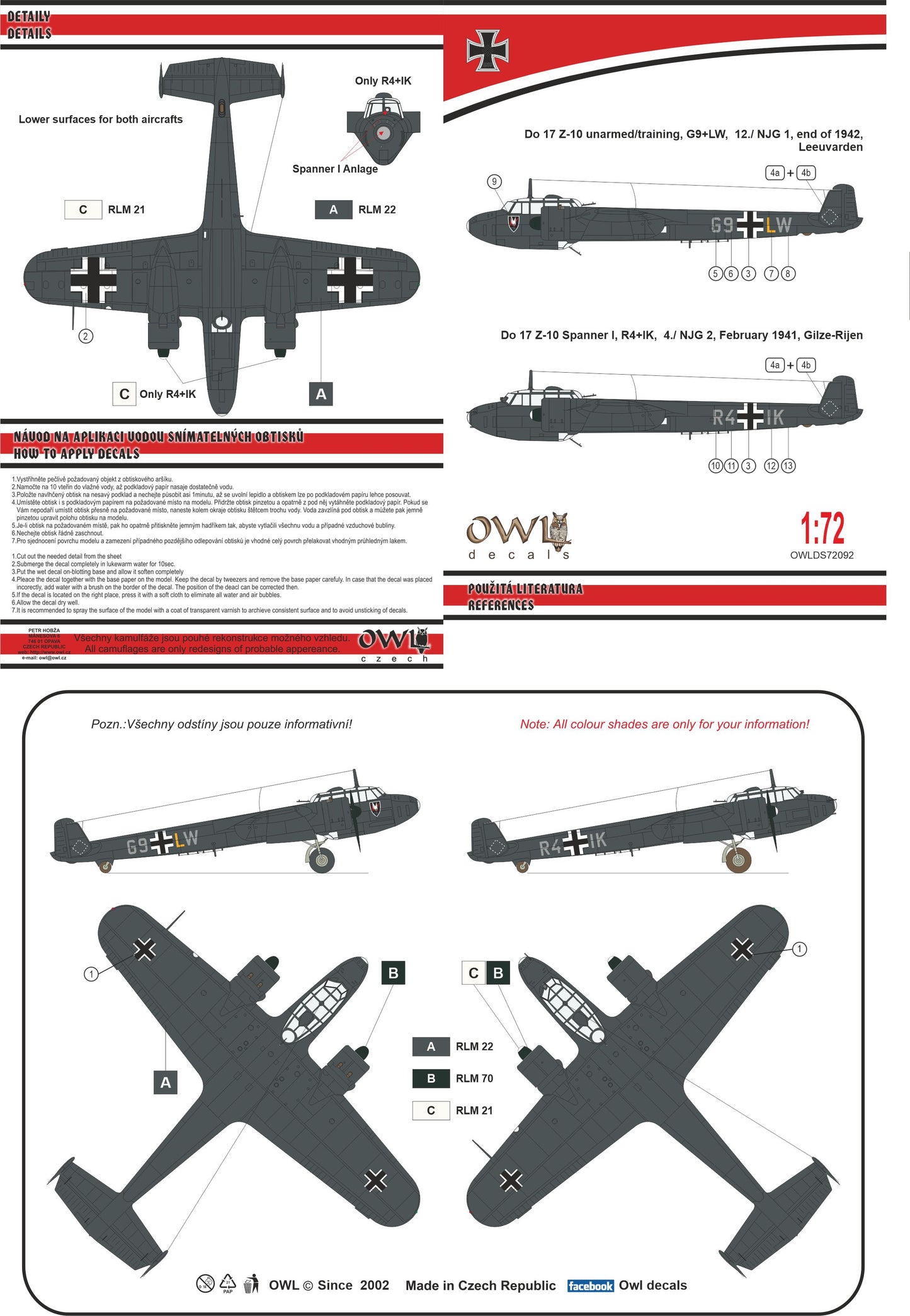 Owl OWLDS7292 1:72 Dornier Do-17Z-10 G9+LW or R4+IK