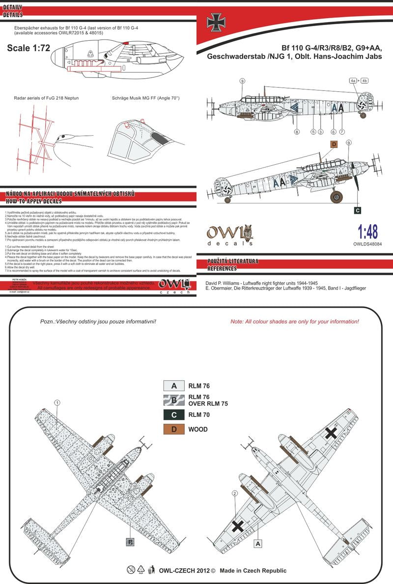 Owl OWLDS4884 1:48 Messerschmitt Bf-110G-4 G9+AA