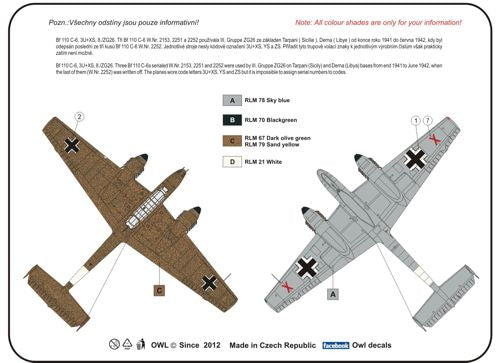 Owl OWLDS7207 1:72 Messerschmitt Bf-110C-6 tropical with MK 101 Day fighter