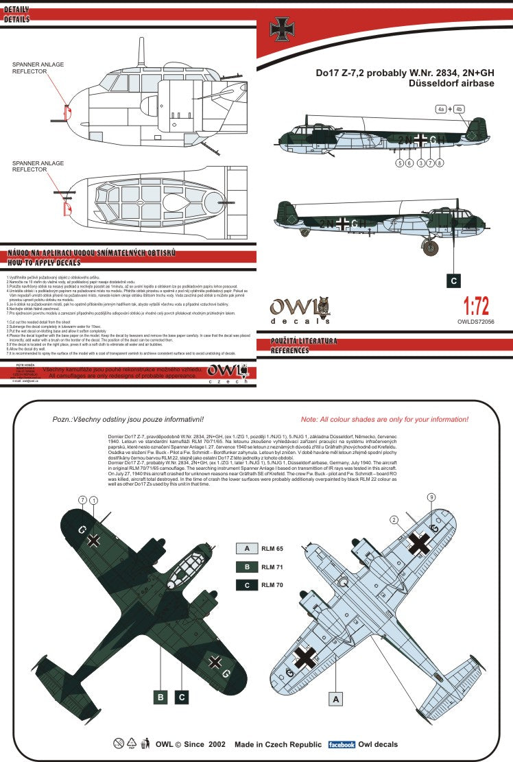 Owl OWLDS7256 1:72 Dornier Do-17Z-7 2N+GH ZG1