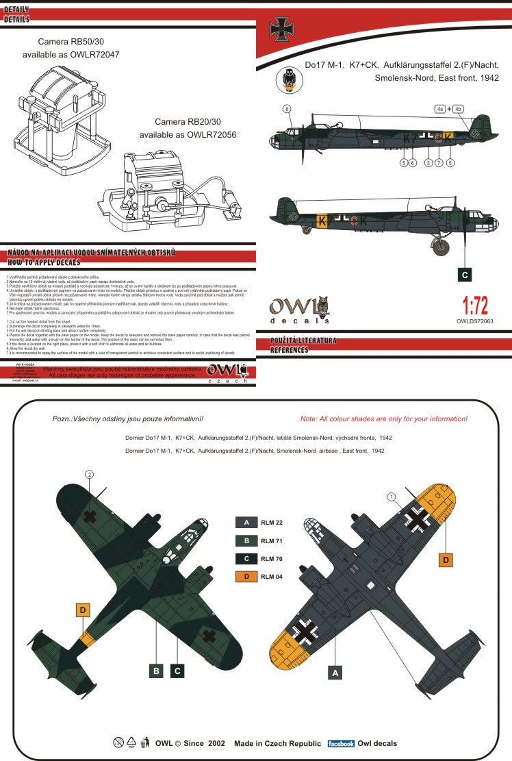 Owl OWLDS7263 1:72 Dornier Do-17M-1 7K+CK aukl 1/2rer