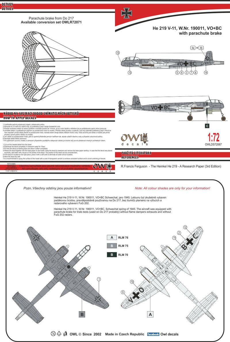 Owl OWLDS7267 1:72 Heinkel He-219V-11 with parachute brake