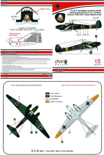 Owl OWLDS7271 1:72 Focke-Wulf Fw-58B Weihe Nachtjager gun nose versions