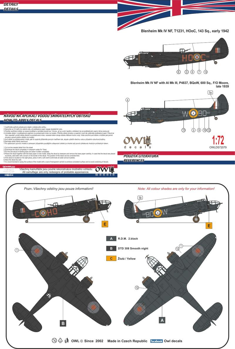 Owl OWLDS7279 1:72 Bristol Blenheim Mk.IV Nightfighter HDoO or BQoW