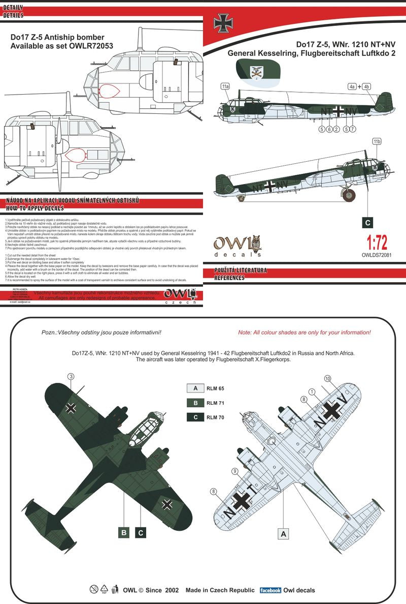 Owl OWLDS7281 1:72 Dornier Do-17Z-5 Luftflotte 2