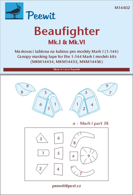 Peewit PEE144002 1:144 Bristol Beaufighter Mk.I & Mk.VI canopy frame paint mask