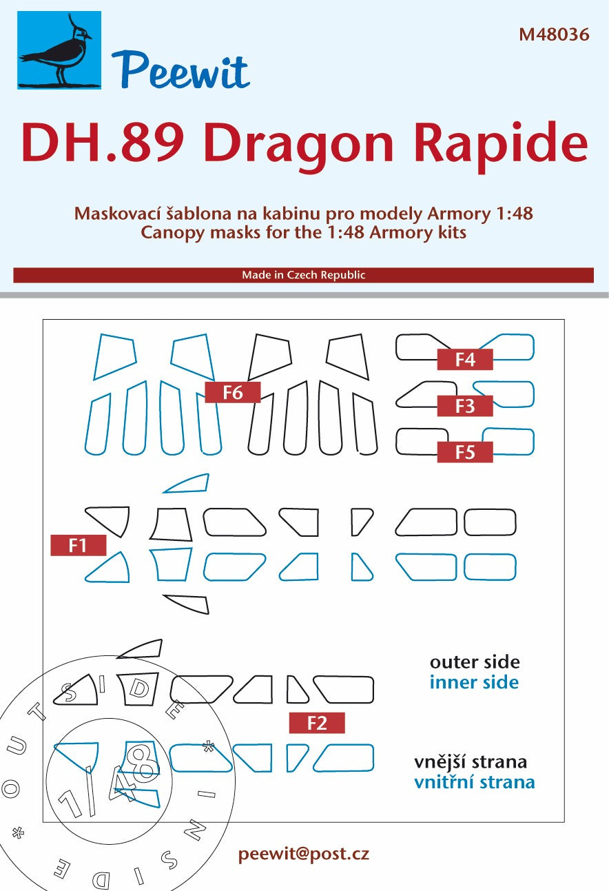Peewit PEE48036 1:48 de Havilland DH.89A Dragon Rapide canopy frame paint masks