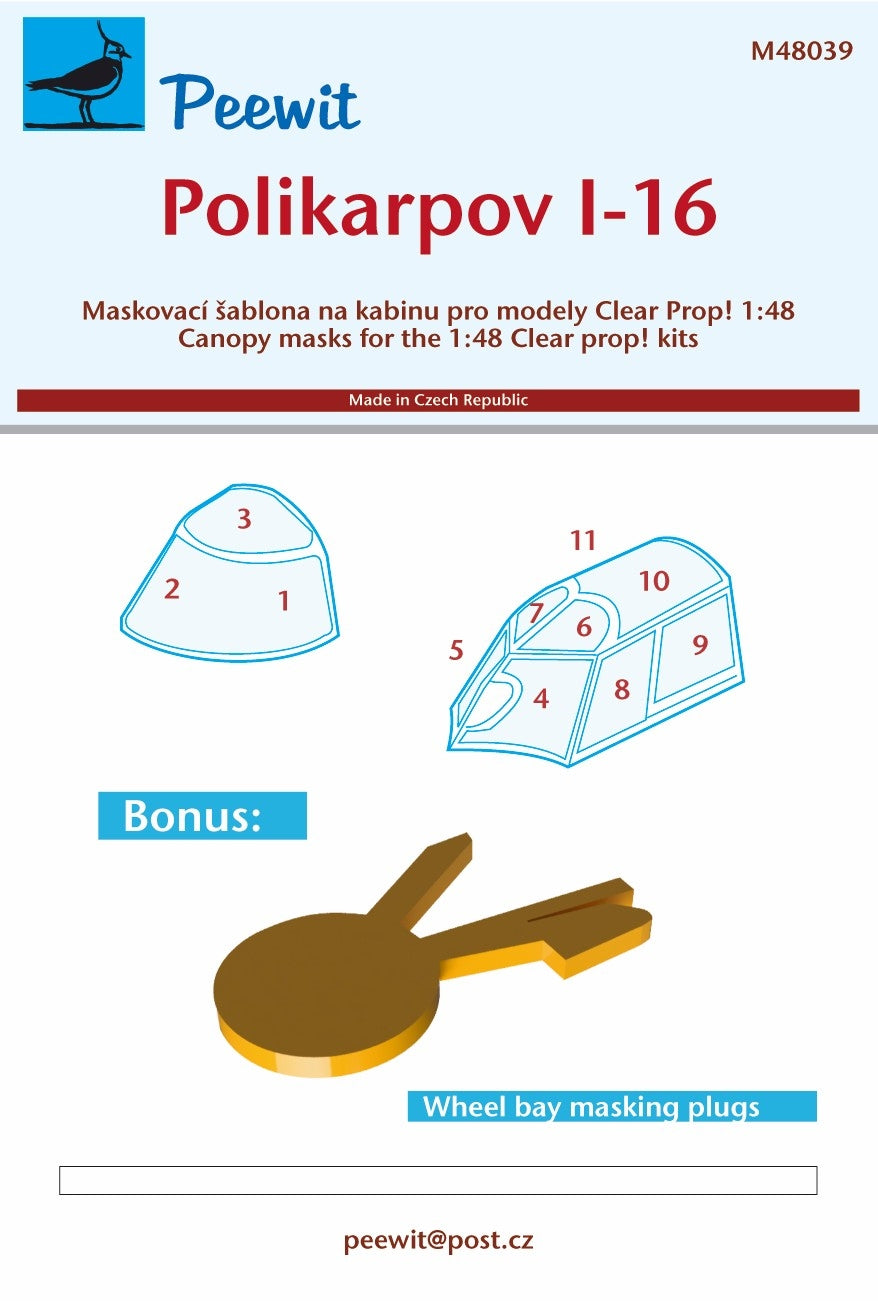 Peewit PEE48039 1:48 Polikarpov I-16 wheels and" canopy frame paint mask
