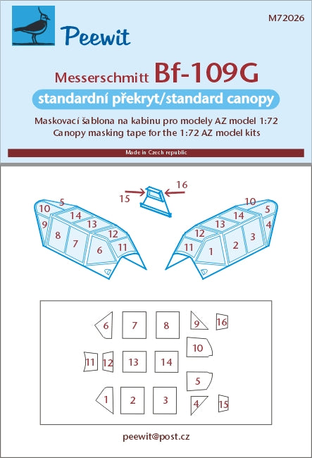 Peewit PEE72026 1:72 Messerschmitt Bf-109G Standard Canopy Mask