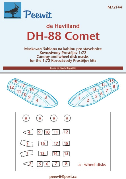 Peewit PEE72144 1:72 de Havilland DH-88 Comet canopy frame paint mask