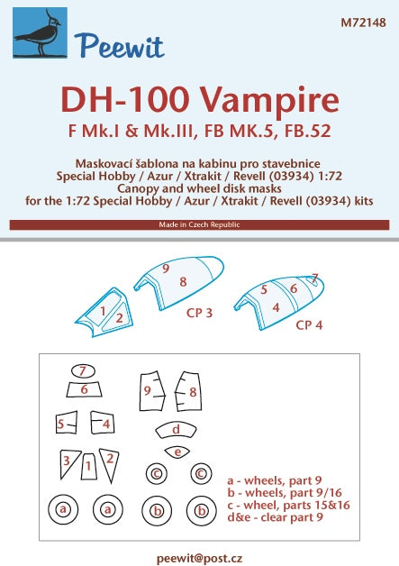 Peewit PEE72148 1:72 de Havilland Vampire canopy frame paint mask