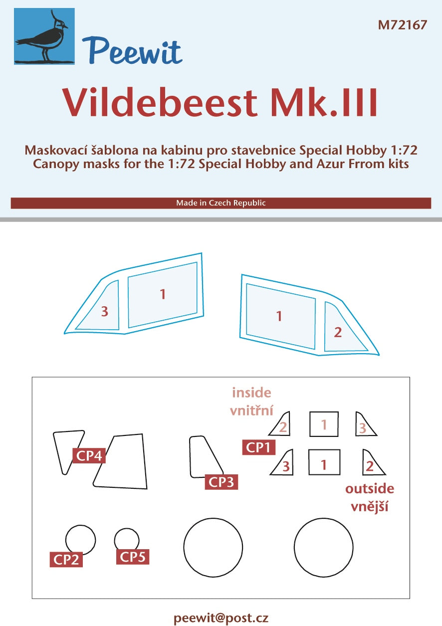 Peewit PEE72167 1:72 Vickers Vildebeest Mk.III/Vincent canopy frame paint mask