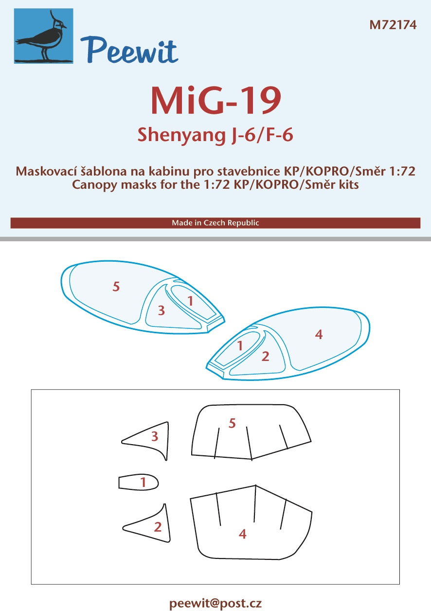 Peewit PEE72174 1:72 Mikoyan MiG-19S/Shenyang J-6/F-6 canopy frame paint mask