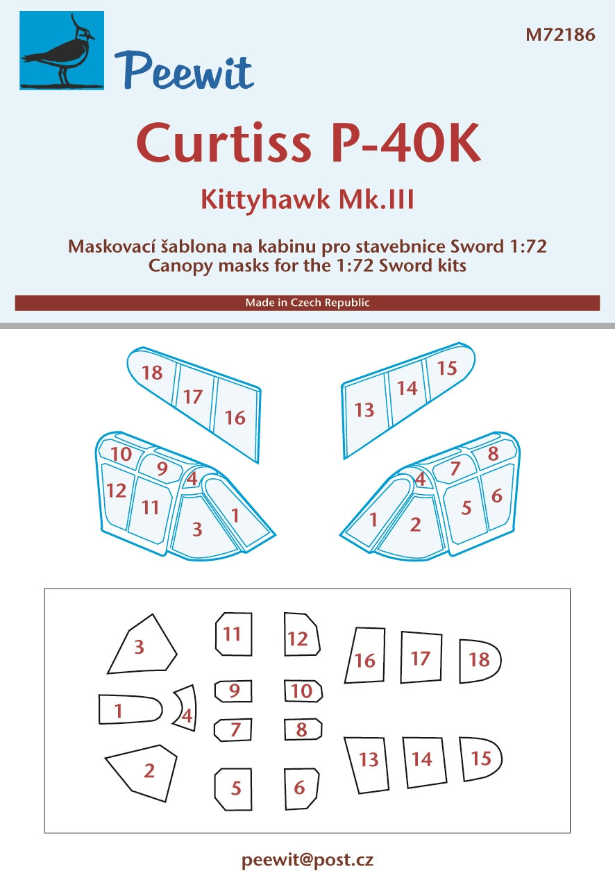 Peewit PEE72186 1:72 Curtiss P-40K/Kittyhawk Mk.III canopy frame paint mask