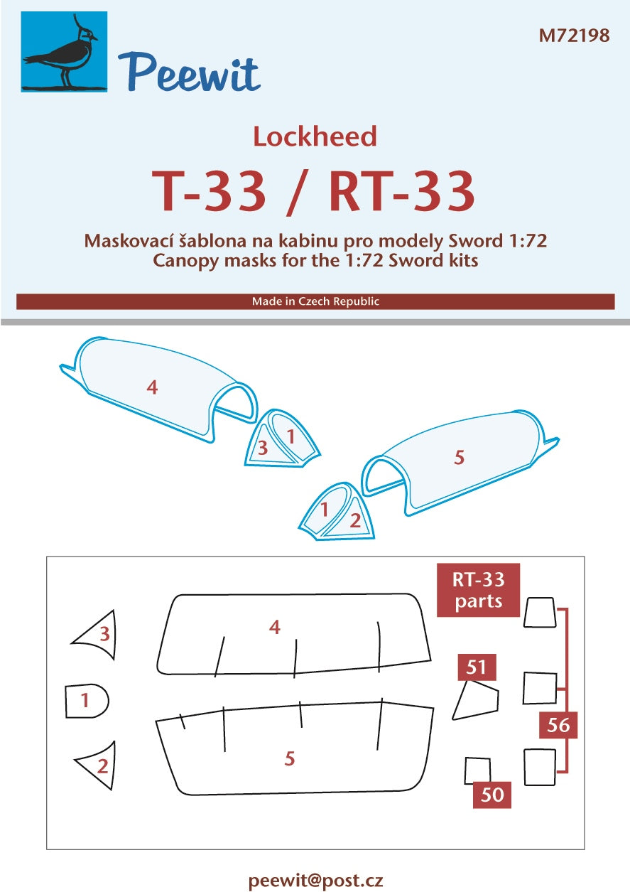 Peewit PEE72198 1:72 Lockheed T-33/RT-33 canopy frame paint mask