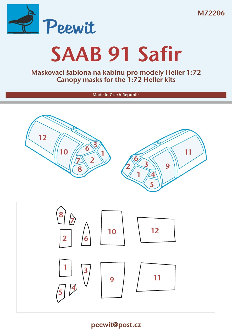 Peewit PEE72206 1:72 Saab 91 Safir canopy frame paint mask