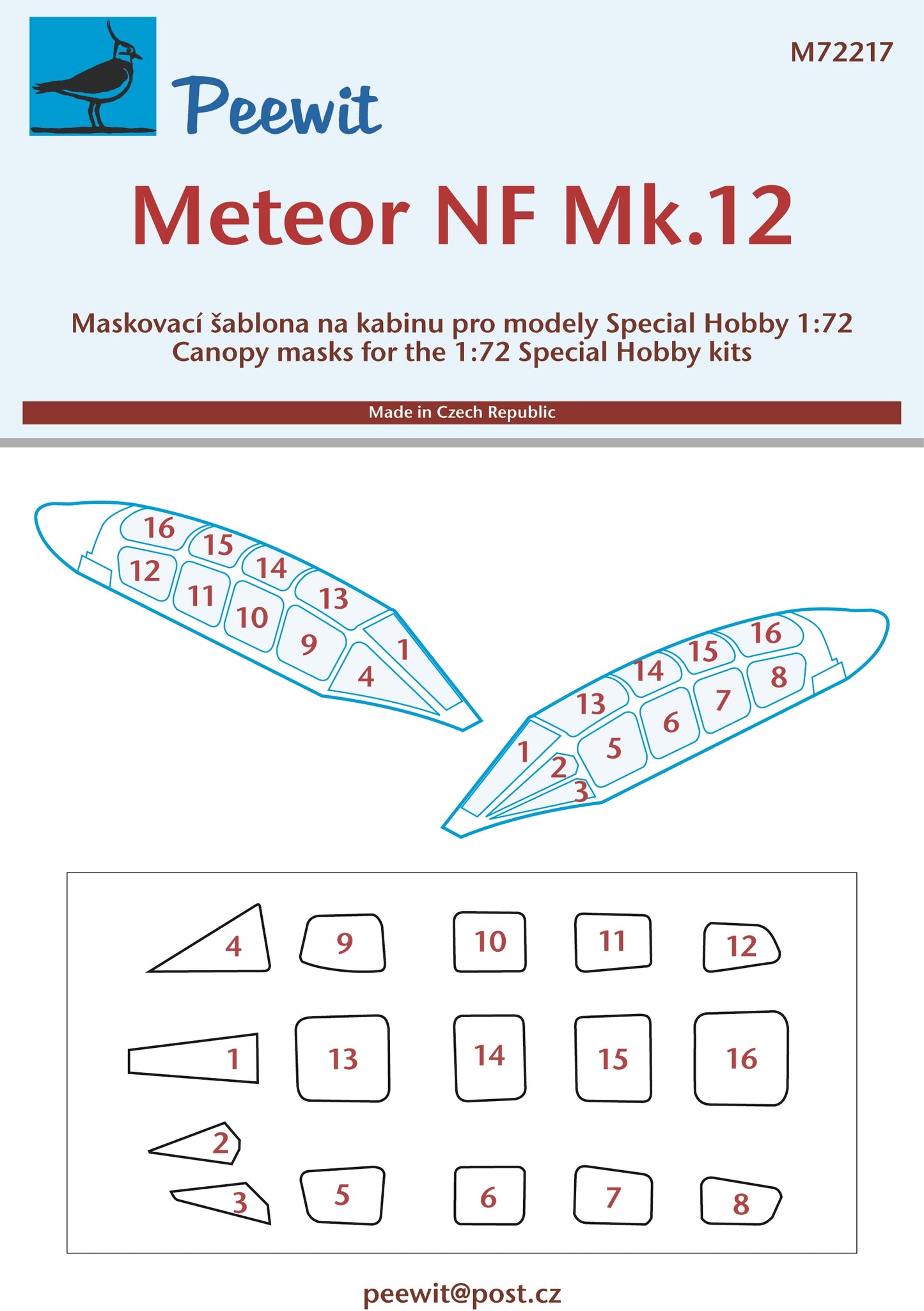 Peewit PEE72217 1:72 Gloster Meteor NF.11/NF.12 canopy frame paint mask