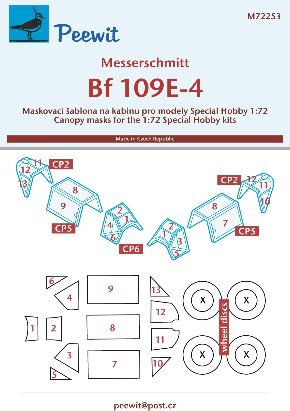 Peewit PEE72253 1:72 Messerschmitt Bf-109E-Trop/E-7 canopy frame paint mask