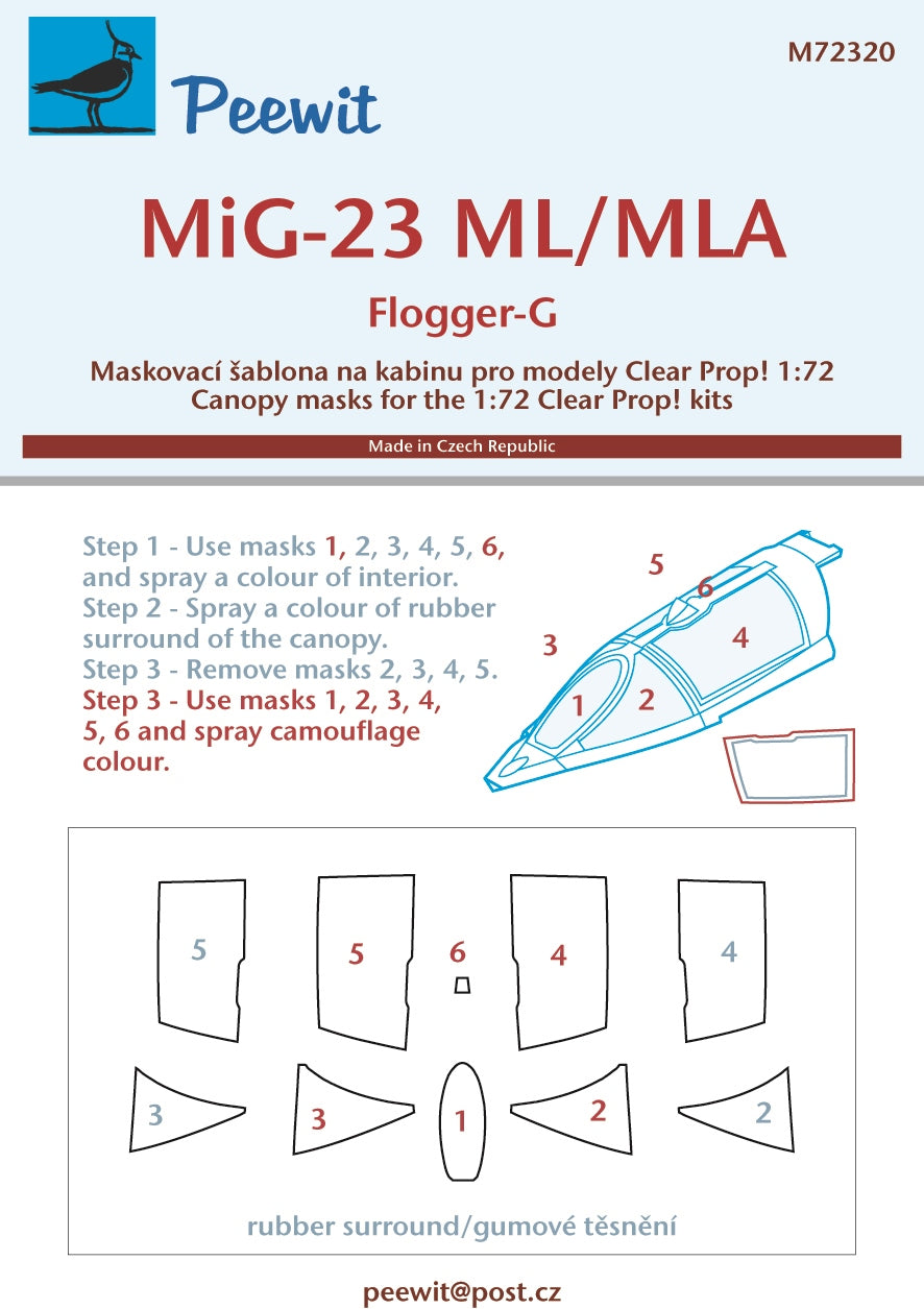 Peewit PEE72320 1:72 Mikoyan MiG-23ML/MLA Flogger-G canopy frame paint mask