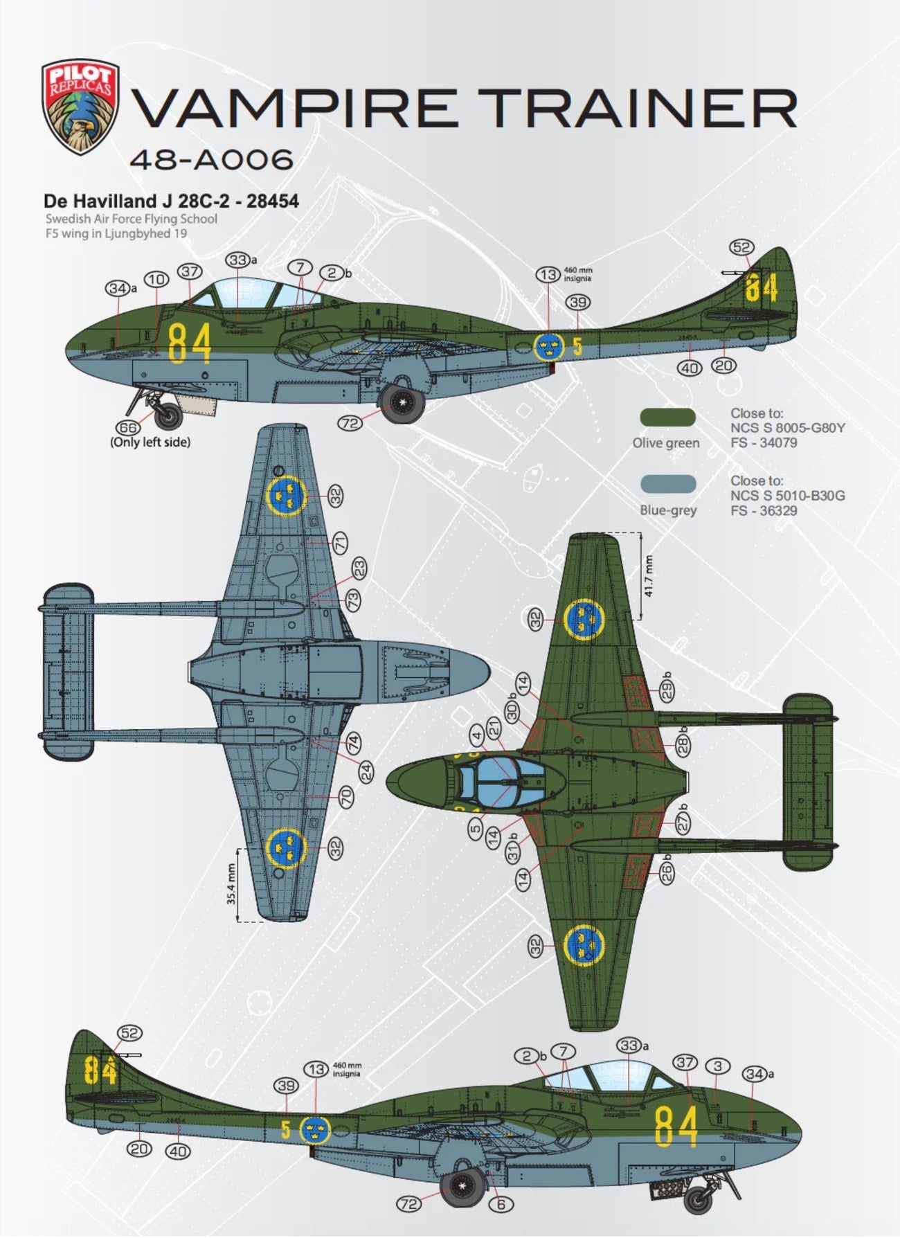Pilot Replicas PR48A006 1:48 J28 Vampire FB50 Swedish Air Force