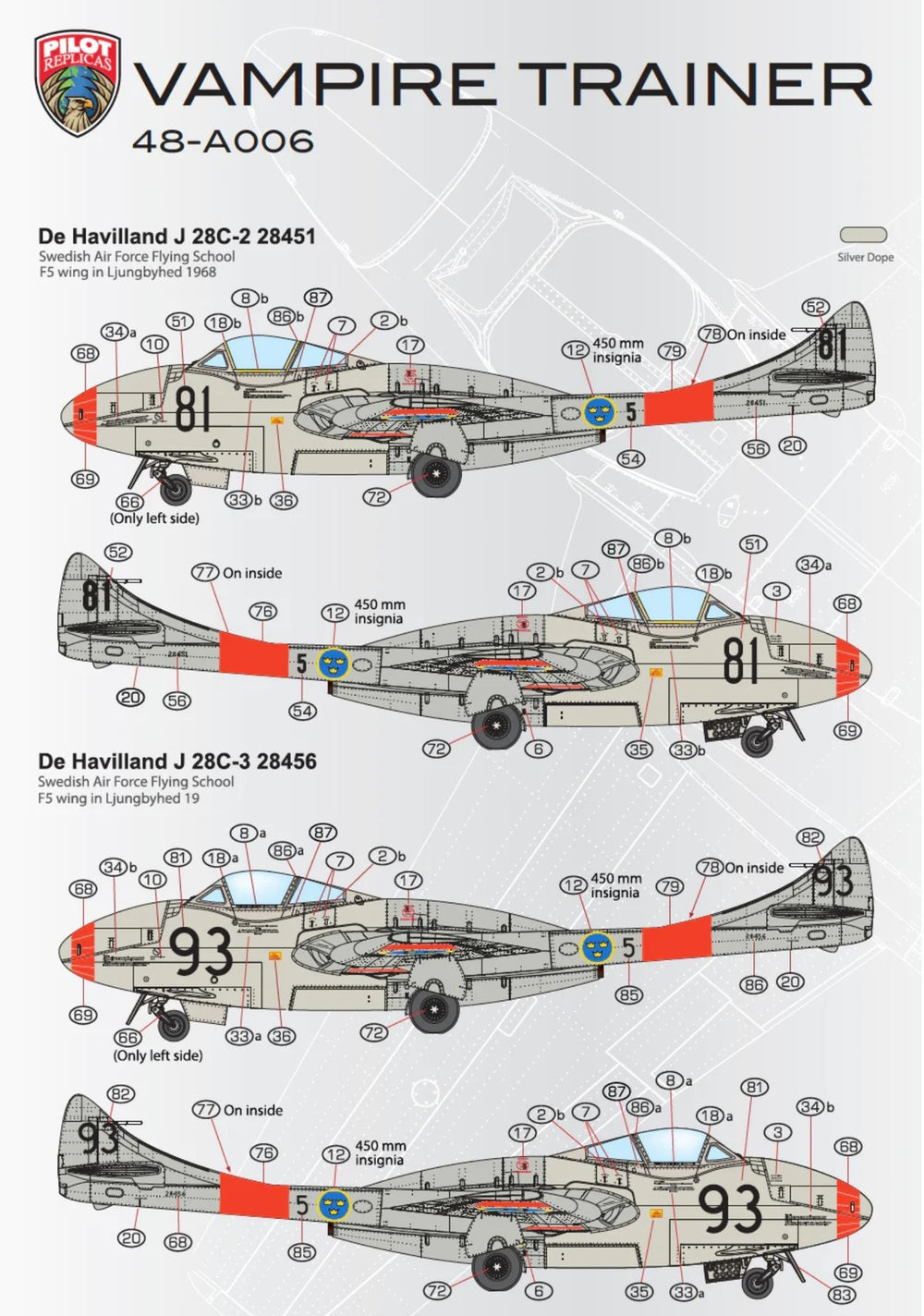Pilot Replicas PR48A006 1:48 J28 Vampire FB50 Swedish Air Force