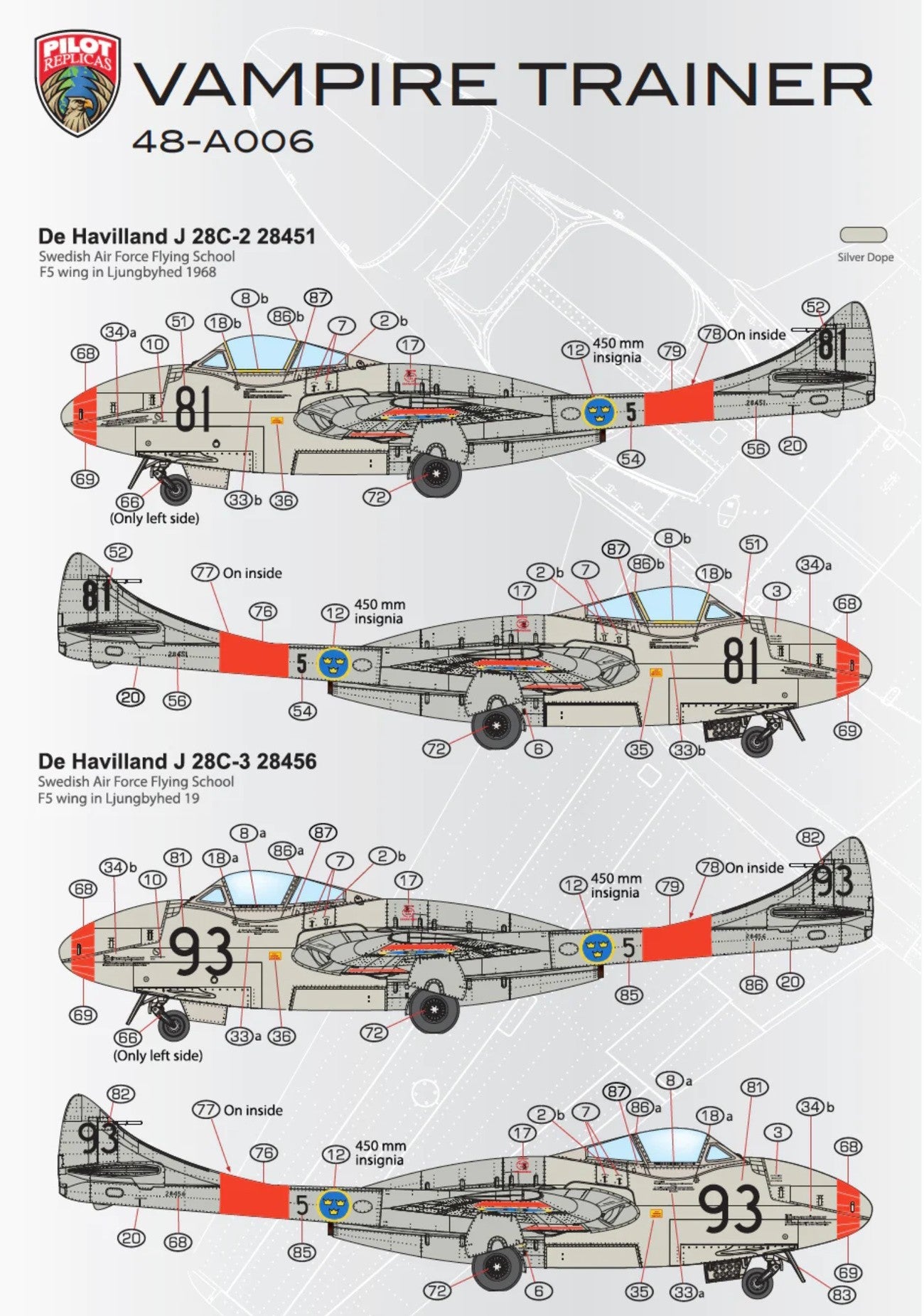 Pilot Replicas PR48A006 1:48 J28 Vampire FB50 Swedish Air Force