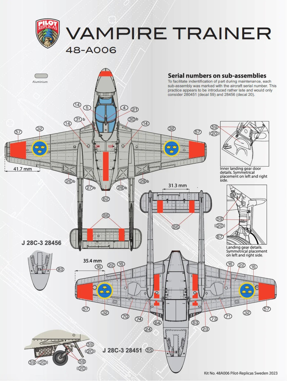 Pilot Replicas PR48A006 1:48 J28 Vampire FB50 Swedish Air Force