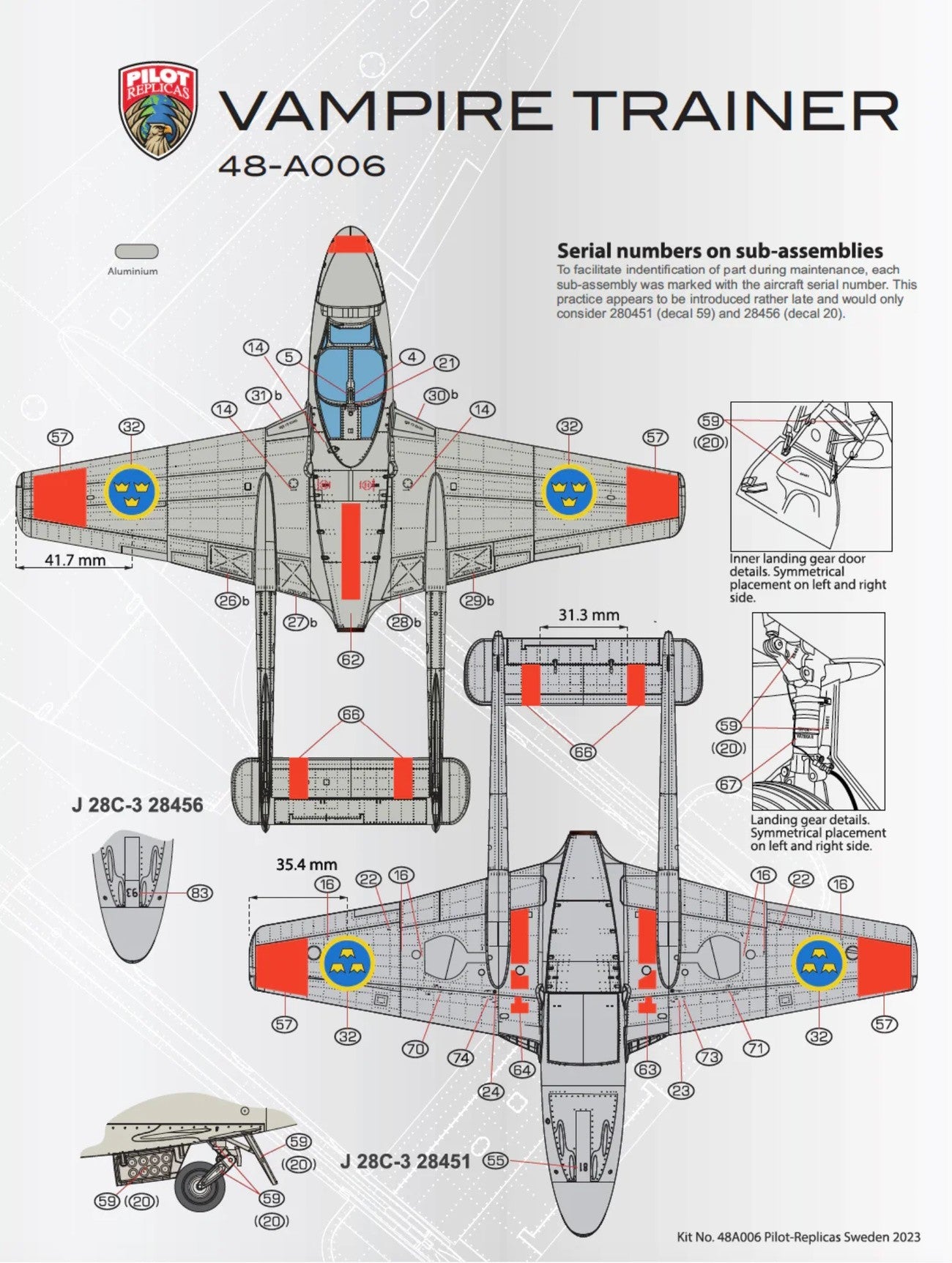 Pilot Replicas PR48A006 1:48 J28 Vampire FB50 Swedish Air Force