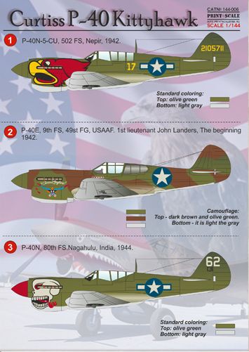 Print Scale PSL14406 1:144 Curtiss P-40 Kittyhawk