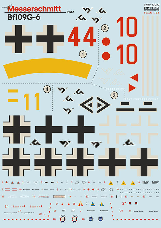 Print Scale PSL32030 1:32 Messerschmitt Bf-109G-6 Part 1 Decals