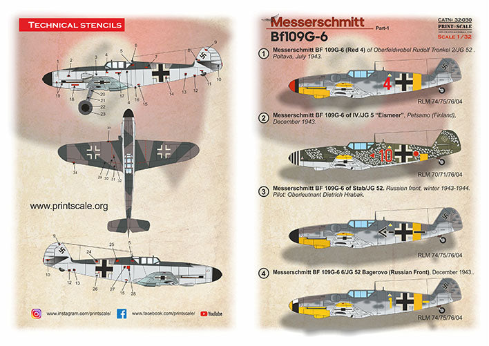 Print Scale PSL32030 1:32 Messerschmitt Bf-109G-6 Part 1 Decals