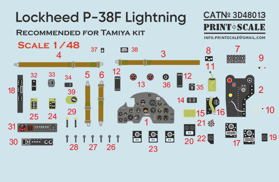 Print Scale PSL3D48-13 1:48 Instrumental panel Lockheed P-38 Lightning
