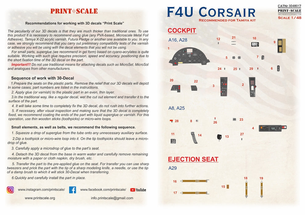 Print Scale PSL3D48-17 1:48 Vought F4U-1/2 Corsair Instrument Panels