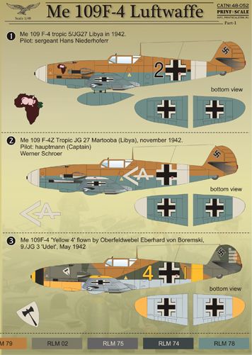 Print Scale PSL48052 1:48 Messerschmitt Bf-109F-4 Part 1 Decals