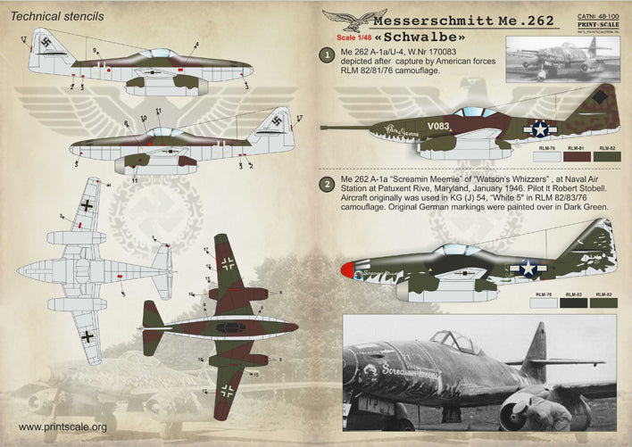 Print Scale PSL48100 1:48 Messerschmitt Me-262 'Schwalbe'