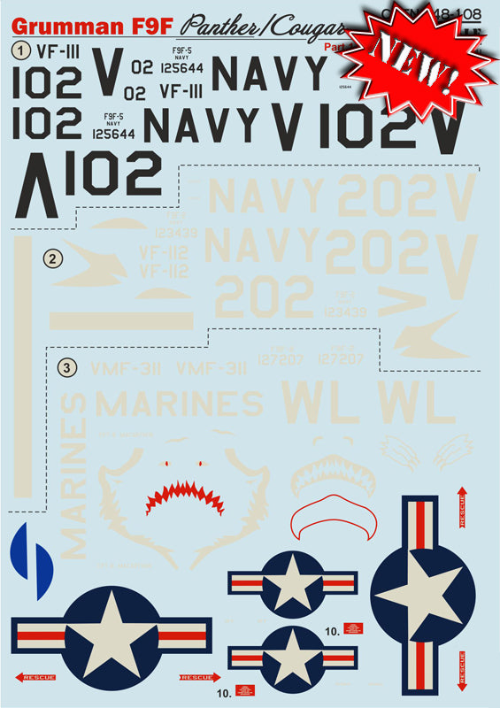 Print Scale PSL48108 1:48 F9F-2 Panther & F9F-5 Cougar Part 1 Decals