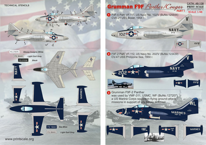 Print Scale PSL48108 1:48 F9F-2 Panther & F9F-5 Cougar Part 1 Decals